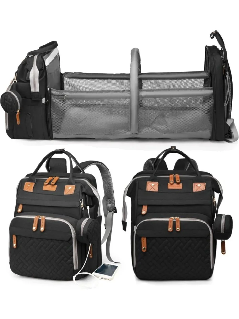 Stylish Waterproof Baby Diaper Bag Backpack with Changing Station & USB Port